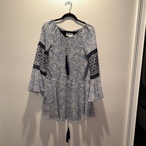 ALEXIS Intermix *Lanelle* blue embroidered navy dot print dress w tassels S - Picture 3 of 9
